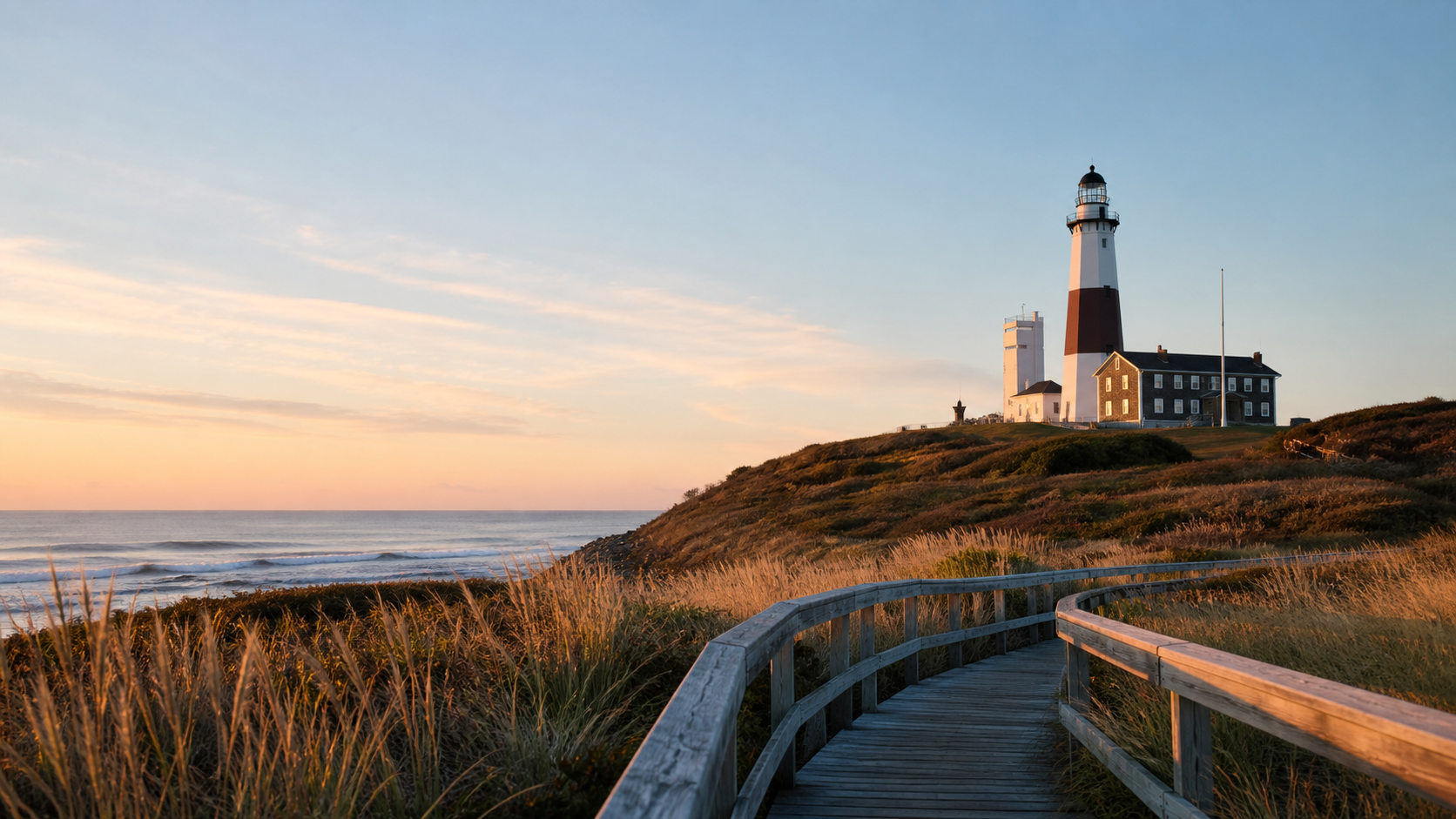 Montauk Point Lighthouse beyond beach dunes at sunrise